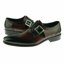 Handmade Men&#39;s Leather Maroon Black Rounded Toe Single Strap Monk Shoes-702 - £179.10 GBP