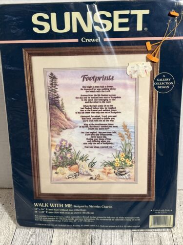 NEW 1998 Sunset Dimensions Footprints Walk With Me Crewel Kit Beach Sealed 11108 - $13.28