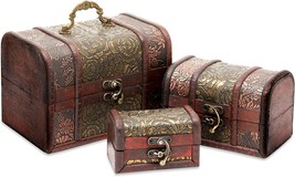 Set Of 3 Small Wooden Treasure Chest Boxes With Flower Motif, Decorative Vintage - £26.37 GBP