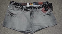 Womens Denim Shorts Jr Girls Mudd Gray Faded Crinkled Belted Shortie Jean-sz 11 - £9.47 GBP