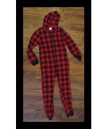 Follow Me Red &amp; Black Plaid One Piece Hooded Pajamas Zip Up Front - $340.11 MXN