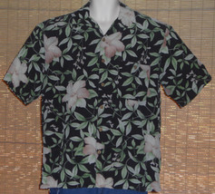 Paradise Coves Hawaiian Shirt Black Green Pink Silk Floral Size Large - £15.81 GBP