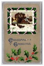 Winter Cabin Scene Holly Christmas Greetings Textured Embossed DB Postca... - $4.90