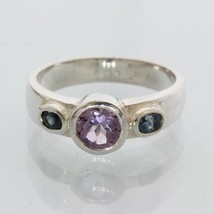 Purple Amethyst Blue Sapphire Hand Tooled 925 Silver Ladies 3 Stone Ring size 9 - £66.06 GBP