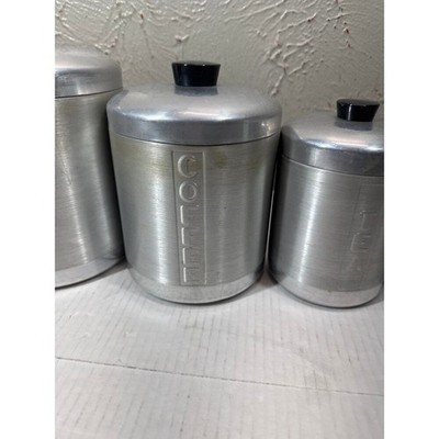 Vintage MCM Spun Aluminum Canister Set Flour Sugar Coffee Tea Lids Black Grease Item image 4