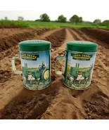 John Deere Tin Salt &amp; Pepper Shakers Vtg Metal Farm Field Scene Tractor - £11.35 GBP