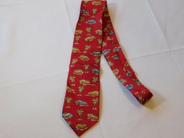 Mens Imported Silk Tie Neck neckwear print Palm Trees and Cars red EUC -- - £16.09 GBP