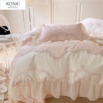 Luxury French Style Flower Embroidery Lace Cotton Duvet Cover Bedding Set Pink - £194.40 GBP+