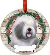 Old English Sheepdog Dog Wreath Ornament Personalizable Christmas Holiday - £11.46 GBP