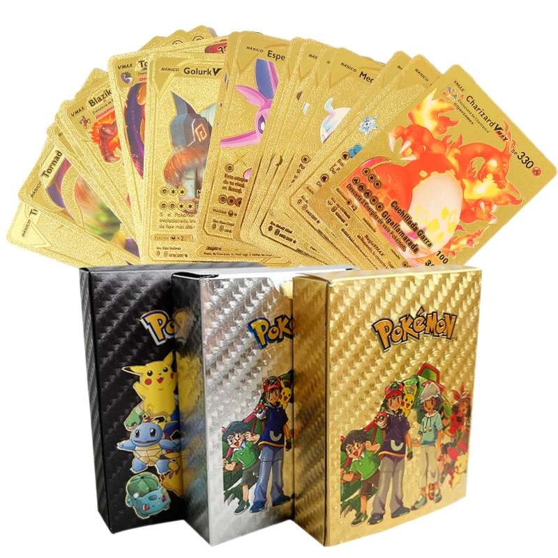 11-110PCS Pokemon Gold Pikachu Cards Box Spanish/English/French Foil Gold Silve - £8.04 GBP+