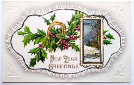 New Year Postcard Holly Flowers Scenic Mica Glitter JJ Marks 1912 Series 608 - £8.09 GBP