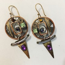 Peridot Amethyst Earrings Unique Mixed Metal Handcrafted Pierced Dangle New Gift - £219.96 GBP