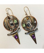 Peridot Amethyst Earrings Unique Mixed Metal Handcrafted Pierced Dangle ... - $280.00