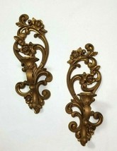 2 HOMCO Ornate Sconces Gold Wall Candle Holders Scroll Hollywood Regency... - $29.00