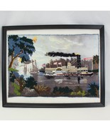 Crewel Embroidery Needlework Riverboat Steamboat 14.75 x 12 Framed Art 1979 - $128.37
