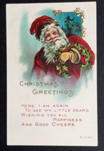 Christmas Greetings Santa Holding a Holly Wreath Embossed JP Postcard 1917 - £10.21 GBP