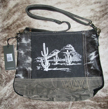 Myra Bag #4776 Leather, Hair, Tent Canvas 12&quot;x3.5&quot;x9&quot; Shoulder~Pockets~Upcycled~ - £32.45 GBP