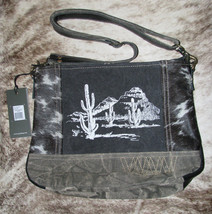 Myra Bag #4776 Leather, Hair, Tent Canvas 12&quot;x3.5&quot;x9&quot; Shoulder~Pockets~Upcycled~ - £31.04 GBP