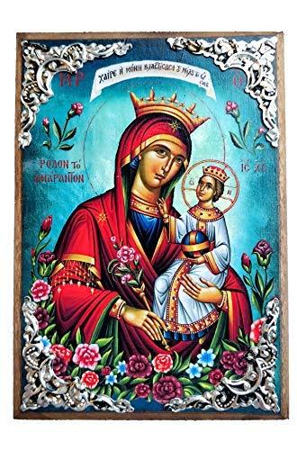 Wooden Greek Christian Orthodox Wood Icon of Virgin Mary The Unwithering Rose /