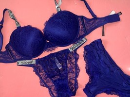 Victoria&#39;s Secret 32A BOMBSHELL,32DDD Bra Set Panty Navy Blue Purple Shine Strap - £79.02 GBP
