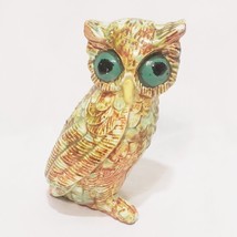 Vintage Owl Sitting Figurine Green Brown 5&quot; Big Eye Ceramic Hand Painted... - $15.73
