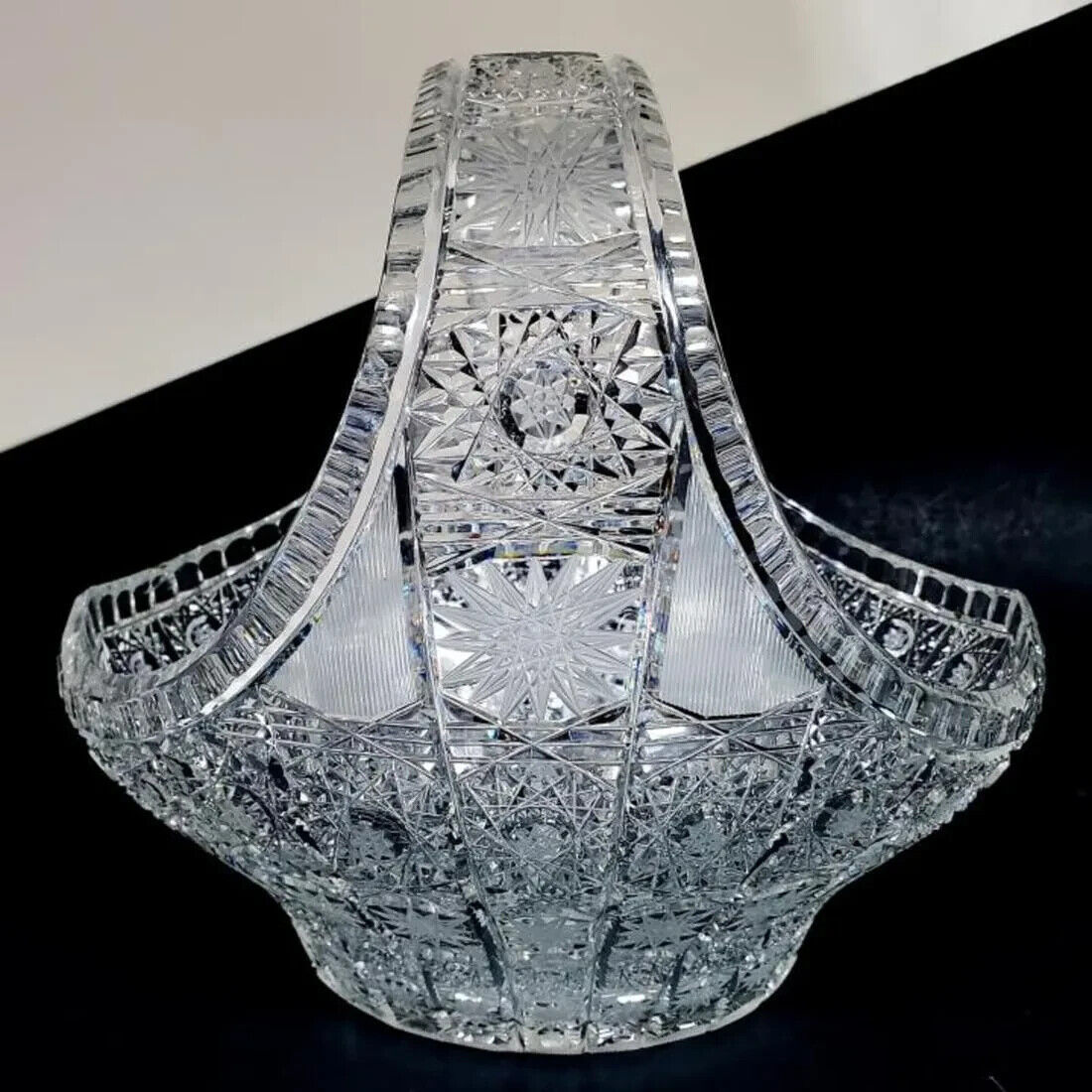 Fine Antique Queen lace Bohemian Czech Cut Crystal Basket Shape Bowl - $248.48