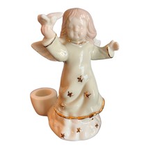 Christmas Angel Holding a Dove Taper Candle Holders Ceramic White Gold Trim Star - £7.39 GBP