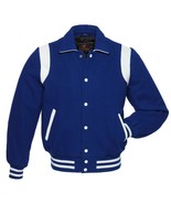 Retro Varsity Jacket Letterman Jacket Navy Blue Body White Leather Inserts - £65.79 GBP+