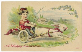 Vintage c1910s Easter A Happy Eastertide Bunny Pulling Girl On Cart With Eggs - £15.47 GBP