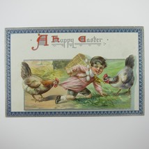 Easter Postcard Chickens Peck Boy Basket of Eggs Raphael Tuck Embossed Antique - £7.96 GBP