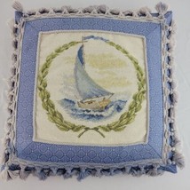 Sailboat Needlepoint Pillow Coastal Decor Tassel Nautical Blue 16&quot; Square Vtg - £59.94 GBP