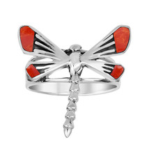 Whimsical Dragonfly Red Coral Inlay Wings .925 Sterling Silver Ring - 8 - £17.53 GBP