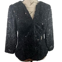 Vintage Helene Blake Sequin Wrap Blouse Womens 6 Lace Sheer Sleeves V Neck Black - £21.58 GBP