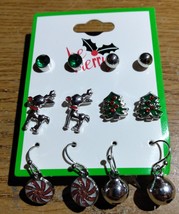Happy Holiday Earrings 6 Piece Set Christmas Silver Bell Tree Snowflake Reindeer - £8.03 GBP
