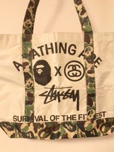 A Bathing Ape Bape × Stussy Nylon Tote Bag Pouch Beige Camouflage Band Rare - £87.59 GBP