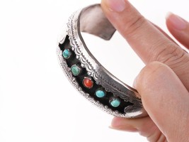 6 3/8&quot; Navajo Silver shadowbox bracelet with turquoise and coral - £193.84 GBP