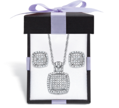 1/4 Carat Squared Halo Cluster Necklace Earrings Platinum Sterling Silver Set - £173.05 GBP
