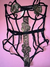 Victoria&#39;s Secret XL 38D TEDDY bodysuit one-piece Strappy BLACK GOLD APP... - $98.99