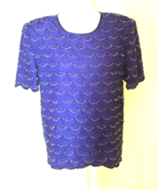 Laura Petite Sequin Blouse Medium Silk Formal Blue Scalloped Short Sleeved Lined - £24.89 GBP