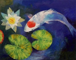 FRAMED CANVAS ART PRINT tancho koi carp fish pond lily pad lotus flower - $39.59+