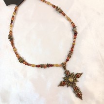 Antiqued Brass &amp; Gold, Enameled &amp; Jeweled Ornate Filigreed Cross Necklac... - £14.33 GBP