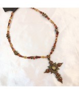 Antiqued Brass &amp; Gold, Enameled &amp; Jeweled Ornate Filigreed Cross Necklac... - £14.02 GBP