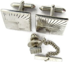 Signed Swank Silver Tone Vintage Cufflink Set w Matching Tie Tack Pin - £23.72 GBP