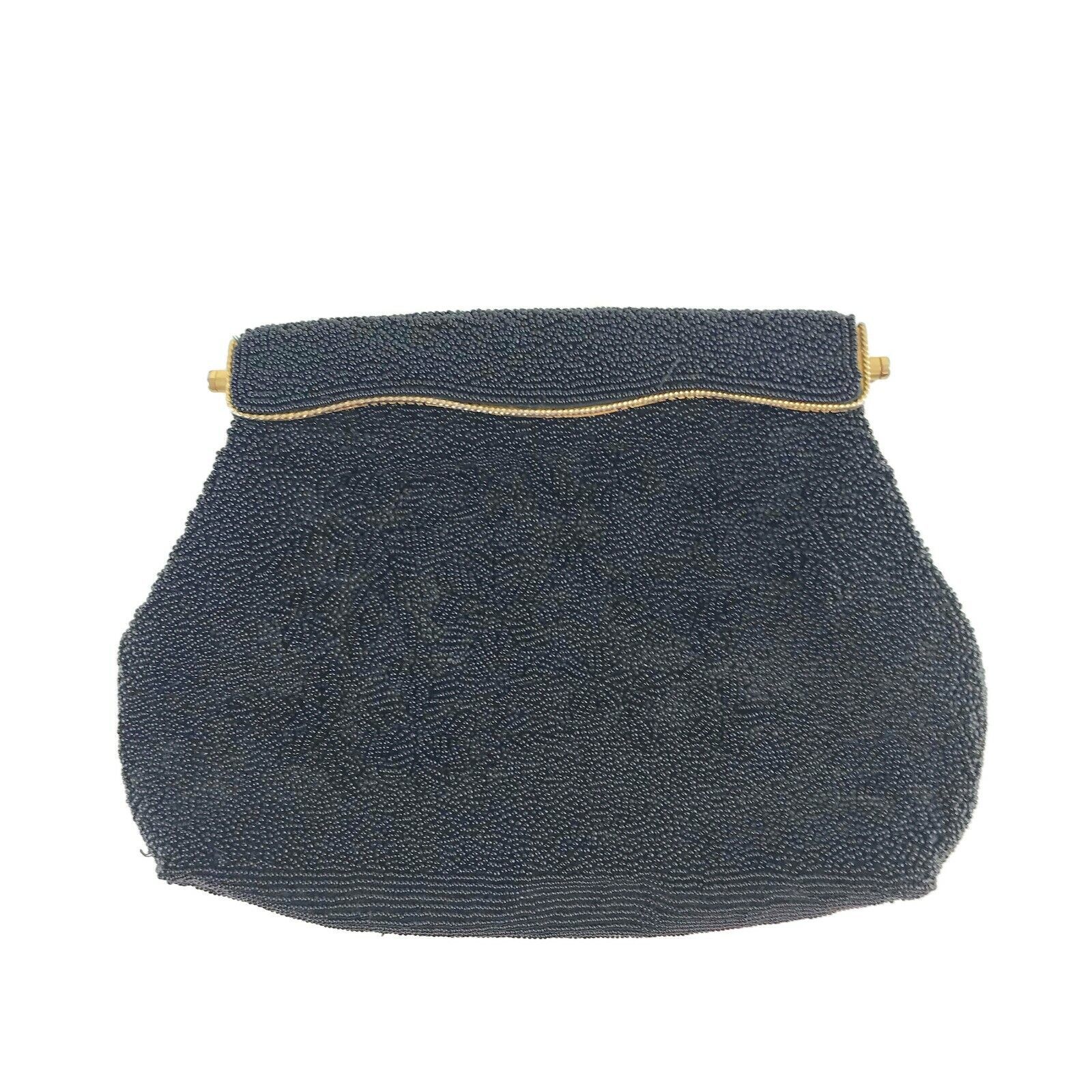 Vintage Mid Century Beaded Black Clutch Purse Handbag Evening Made In Ho... - $28.68