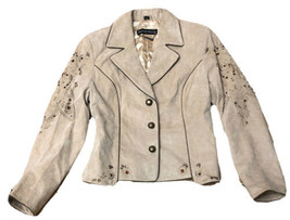 PAMELA MCCOY Couture Tan Suede Jacket Blazer Embellished Eyelet Rhinesto... - $44.55