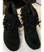 Born Thora Ankle Boots Booties Sz 11 M Black Suede Leather Zip Fringes - £29.61 GBP