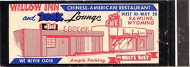Vintage Matchbook Cover Willow Inn Chinese restaurant Rawlins WY full length 50s - £11.86 GBP