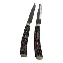 Vintage Faux Deer Horn Wood Knives Set Pair 2 Count Stainless Steel MCM Kitchen - £14.81 GBP
