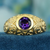 Natural Amethyst Vintage Style Carved Ring in Solid 9K Yellow Gold - £519.48 GBP