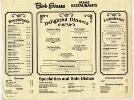 Bob Evans Farm&#39;s Restaurants Delightful Dinners Menu 1982 - £13.96 GBP